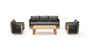 Modern Outdoor Teak Wood <b>Sofa</b> <b>Set</b> with Rope Design, Garden Patio Furniture <b>Set</b> with <b>Cushions</b>, Luxury Minimalist Living <b>Set</b> for H - Product Image 2
