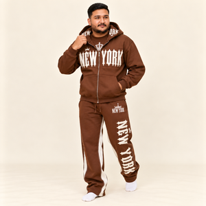 Ensemble de survêtement marron personnalisé avec impression en relief pour homme, comprenant un sweat à capuche zippé oversize et un pantalon de survêtement, en tissu épais, style streetwear, marque privée, vente en gros - Product Image 3