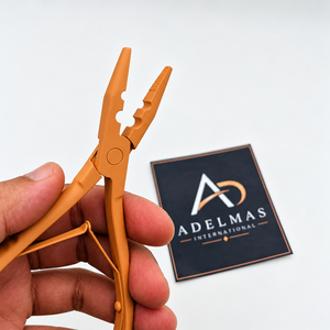 Pince à extensions de cheveux en acier inoxydable de qualité supérieure, professionnelle, personnalisée, orange mat, 7 pouces de long, deux trous, micro-perles. - Product Image 1