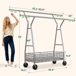 Stainless Steel Clothing Organizer <b>Rack</b> with Telescopic Rails and <b>Storage</b> Basket 42.2-65.4 x 39.4 x 70 Inches Portable Space - Product Image 2