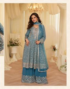 Ensemble Salwar Kameez en soie brodée orange pour femmes avec dupatta, tenue traditionnelle, coupe régulière, longueur au sol, vêtements indiens pakistanais - Product Image 2