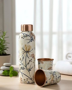 Elegant White Floral Design Copper Water Bottle Perfect for Wedding and Festive Gift <b>Hampers</b> Purpose Wholesale From India - Product Image 1