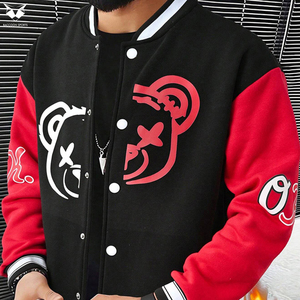 Custom Men Fleece Varsity Jacket, Heavyweight Cotton Blend Casual Sweatshirt Style Snap <b>Button</b> Blank Streetwear Bomber Jacket - Product Image 6