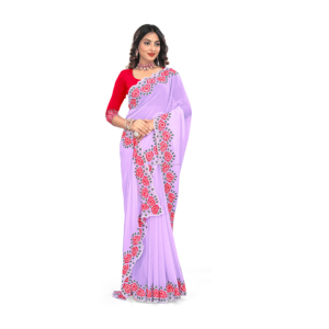 SAREES doux Georgette tissu Multi fil broderie travail Arc coupe bordure avec partout Sirvoksi diamant attaché - Product Image 3