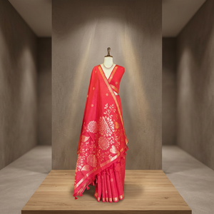 <b>Red</b> Silk <b>Saree</b> With Floral Design Traditional Wear For Women Wedding And Party Occasion India Pakistan Style - Product Image 1