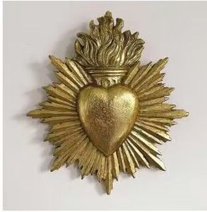 Placa de Pared con Sagrado Corazón en Oro Antiguo |   Letrero Ex Voto Vintage de Metal con Corazón Flameante |   Decoración Religiosa de Lujo para el Hogar - Product Image 6