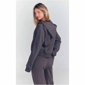 Ensemble de survêtement décontracté 2 pièces gris pour femme, sweat-shirt court zippé et pantalon de jogging en molleton à manches longues, coupe ample, toutes saisons - Product Image 2