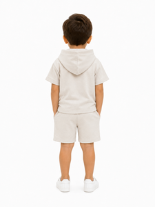 Ensemble T-shirt à capuche et short beige pour enfants, en coton doux, tenue coordonnée, vêtements décontractés d'été pour garçons, ensemble de sweat à capuche élégant pour enfants, confortable - Product Image 3