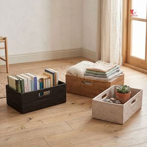 Viettimecraft Natural Rattan <b>Storage</b> <b>Baskets</b> <b>Rectangle</b> With Handles For Clothing Organization Nordic Style - Product Image 4