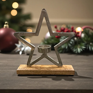 Décoration de Noël, porte-bougie en forme d'étoile, décoration de maison pour les fêtes, porte-bougie en métal en forme d'étoile de Noël avec base en bois de mangue - Product Image 1