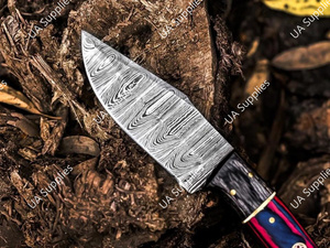 มีดล่าสัตว์ดามัสกัสทำมือขายส่ง ด้ามจับไม้ปักก้า ใบมีดแบบฟูลแทง ดรอปพอยท์ มีดเอาตัวรอด พร้อมปลอก มีด OEM - Product Image 6