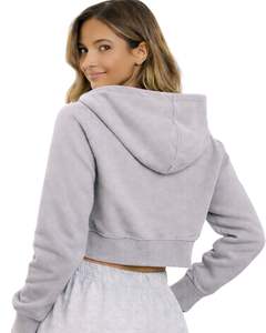 Sweat-shirt à capuche zippé personnalisé pour femme, coupe courte, manches longues, décontracté, en molleton doux, style streetwear, couleur gris clair, pour l'automne et l'hiver - Product Image 2