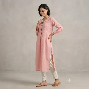 Kurti long en coton et lin orange pour femme, col rond, manches trois quarts, coupe droite, encolure brodée, tenue ethnique décontractée - Product Image 4