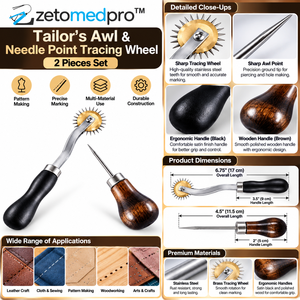 Ensemble de 2 outils de marquage pour tailleur : aiguille à coudre et roue de traçage à pointe, en acier inoxydable avec manche en bois et plastique, ZETOMEDPRO - Product Image 3