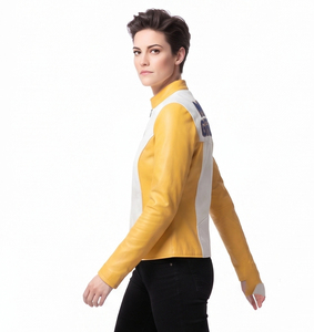 Blousons universitaires en cuir véritable pour femmes, col montant, broderie chenille, blouson motard en cuir, blousons en cuir véritable pour femmes - Product Image 5