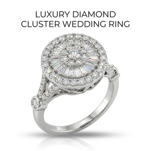 Anillo de compromiso de oro blanco de 18 quilates con diamantes naturales, triple halo, diseño de racimo de rayos de sol y baguette para mujer - Product Image 1