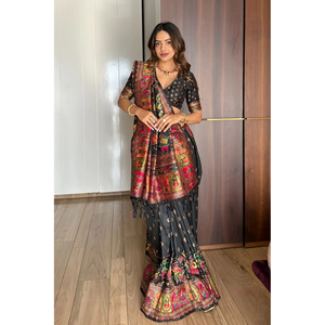 Sari en soie cachemire noire Elite Weaves avec motif tissé en zari, châle de style pashmina 700g - Product Image 4