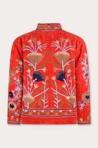 Chaqueta de Terciopelo Rojo para Mujer, Bordado Suzani Multicolor, Reversible, Acolchada, Estilo Universitario, Abrigo de Otoño, Textil Rajastaní K01, Algodón - Product Image 4