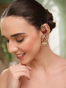 Luxury Gold Plated Certified Kundan <b>Ear</b> <b>Cuff</b> Jhumka <b>Earrings</b> Women Indian Bridal Wedding Jewelry Peacock Pearl Drop Style Ethnic - Product Image 3
