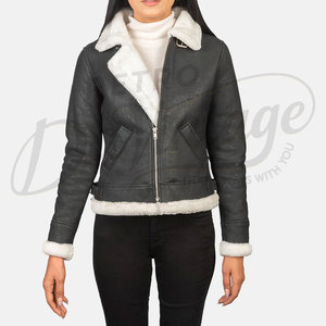 Veste en cuir véritable noir vieilli pour femme avec garniture en fausse fourrure blanche, coupe ajustée, en peau de mouton de qualité supérieure, style motard décontracté pour l'hiver - Product Image 3