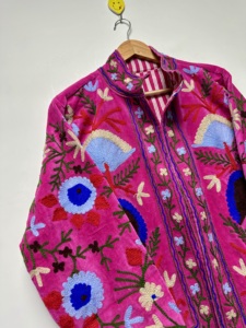 <b>Women's</b> Cotton Woven <b>Velvet</b> Embroidered O-Neck Reversible Eco-Friendly Floral Pattern Bomber Jacket Full Sleeve Autumn - Product Image 2