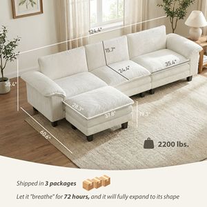Divano Componibile a L Beige con Seduta Profonda, Pouf Mobile e Braccioli Imbottiti per Soggiorno - Product Image 3