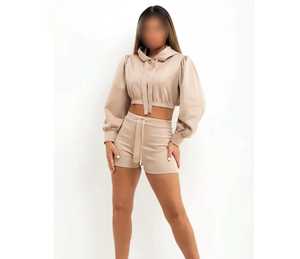 Women's Collarless Solid Casual Two-Piece Cotton Crop <b>Top</b> Hoodie and Shorts Set Breathable - Product Image 4