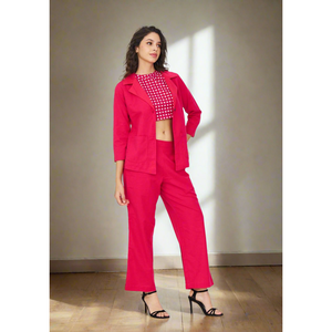 Ensemble coordonné blazer rose rubis pour femme avec crop top, 3 pièces incluses - Product Image 3