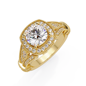 Anillos de compromiso y boda vintage de oro macizo de 14K con diamante de laboratorio con halo de vástago dividido, certificado IGI y borde Milgrain chapado en rodio - Product Image 3