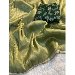 ชุดส่าหรีผ้าลูกไม้ทำจากผ้าไหมชุดเย็บไม่ติดเสื้อโอลีฟ - Product Image 1