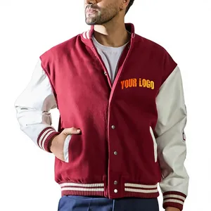 Blouson universitaire en laine écoresponsable rouge et blanc pour homme, style preppy, logo brodé sur le devant, simple boutonnage, coupe droite, automne - Product Image 5
