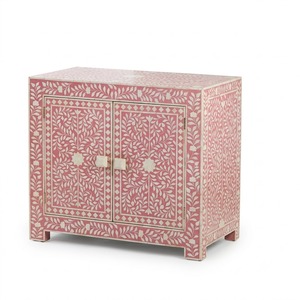 Mesita de Noche con Incrustaciones de Hueso Rojo, Mesita de Noche Artesanal de Nácar, Mueble Auxiliar con Cajón y 2 Puertas para Dormitorio o Sala de Estar - Product Image 2