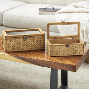 Rustic Natural Rattan <b>Storage</b> <b>Box</b> Glass Lid Woven Organizer <b>Box</b> <b>Decorative</b> <b>Storage</b> Case Display <b>Box</b> <b>For</b> Home Organization - Product Image 1
