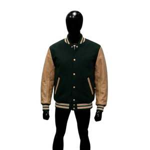 Chaqueta Varsity Verde de Lana con Mangas de Cuero Beige, Chaqueta Bomber de Béisbol Personalizada con Letras, para Hombre y Mujer, Venta al Por Mayor, Clásica - Product Image 1