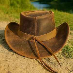Hot selling Custom Handmade Brown Full Grain Leather Cowboy <b>Hat</b> Western Outback Style - Product Image 3