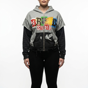 Sweat-shirt zippé respirant à capuche pour femme, délavé à l'acide et au sel, gris/noir uni, style streetwear, longueur standard, 100% coton - Product Image 1
