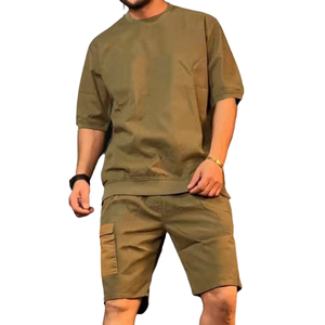 Ensemble t-shirt et short pour homme, hiver, décontracté, logo brodé personnalisé, jersey 100% coton respirant, épaules tombantes - Product Image 4
