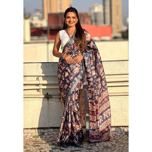 Sari en soie Tussar bleu foncé Elite Weaves imprimé avec bordure tissée en zari, écharpes et châles traditionnels 500g - Product Image 4