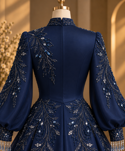 Robe de soirée bleu nuit à col montant et manches classiques, ornée de cristaux et de pompons, en satin moderne, idéale pour les événements formels - Product Image 4