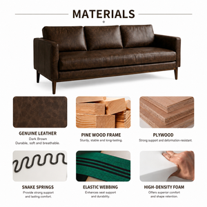 Luxury Dark <b>Brown</b> Leather <b>Sofa</b> with Solid Wood Legs Mid Century Modern 3 Seater Couch for Living Room Furniture - Product Image 5