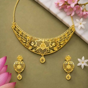 Wholesale Fashion <b>Necklaces</b> 14K 18K 24K Micron Gold Plated Dubai Style Bridal Choker Set Traditional Floral Design Jewelry Set - Product Image 2