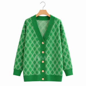 HMR Sisterhood Sorority Cardigan en acrylique vert à motif géométrique tricoté, col en V, manches longues, fermeture boutonnée, décontracté - Product Image 5