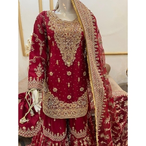 Gharara nupcial de organza pura, mezcla completa de bordados hechos a mano que realzan el trabajo tradicional pakistaní Kora Dabka, estilo Anarkali. - Product Image 2