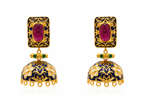Handcrafted Blue Enamel Jhumka Earrings | Carved Pink Stone & Green <b>Emerald</b> Accents | Traditional Heritage Jewelry for Women - Product Image 1