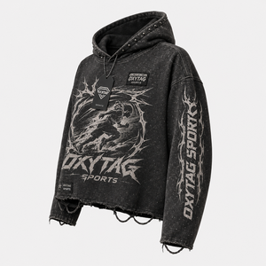 Premium Custom Acid Wash Heavyweight Rhinestone Studded <b>Grunge</b> Streetwear Distressed Raw Hem Vintage Graphic Unisex <b>Hoodie</b> - Product Image 2