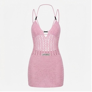 Pink Crocheted Hollow Out Swimdress With <b>Crossed</b> Halter Neckline Women's Beachwear - Product Image 1