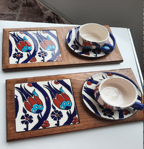 Set of 4 hanging <b>wood</b> <b>trivets</b> with vintage tile patterns. Available at wholesale prices. - Product Image 4