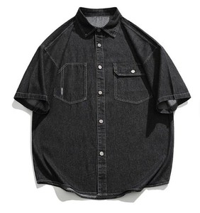 Camisa de mezclilla de manga corta para hombre, corte holgado, cuello vuelto, color liso con bolsillos, ropa informal de verano - Product Image 3