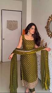 Traje Moderno de Fiesta con Top, Pantalón y Dupatta, en Seda Fandy con Bordado de Lentejuelas, de Secado Rápido para Todas las Temporadas - Product Image 3