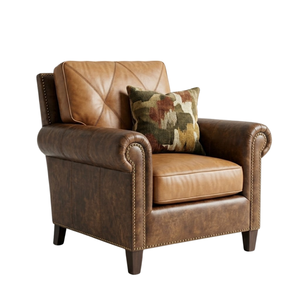Classic Genuine Leather <b>Armchair</b> with Rolled Arms and Nailhead Trim Premium Single Sofa Chair for Living Room Hotel - Product Image 2